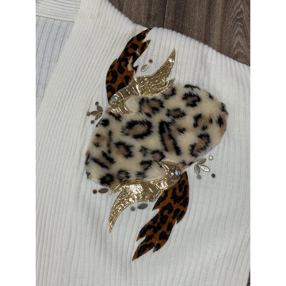 VINTAGE 80'S BEIGE GOLD LONG CARDIGAN SWEATER SHOULDER PADS ONE SIZE LEOPARD FUR - Picture 4 of 10